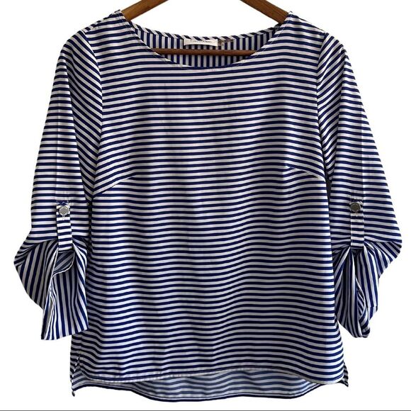 Calvin Klein Blue White Stripe Blouse Nautical Coastal Grandma Top Size Small - Picture 1 of 12